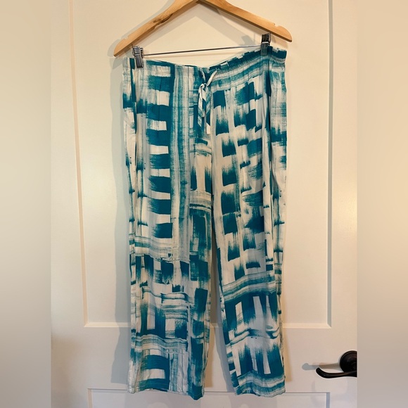 Natori Pajama Pant V-neck Top Blue Turquoise Abstract Lounge Wear Size L - Picture 7 of 12